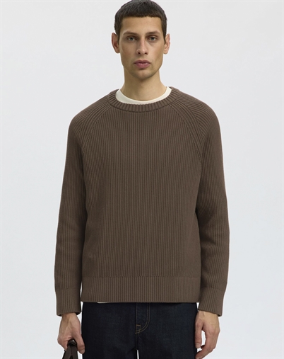 Selected - SLMBraun Rib Crew Strik - Chocolate Chip